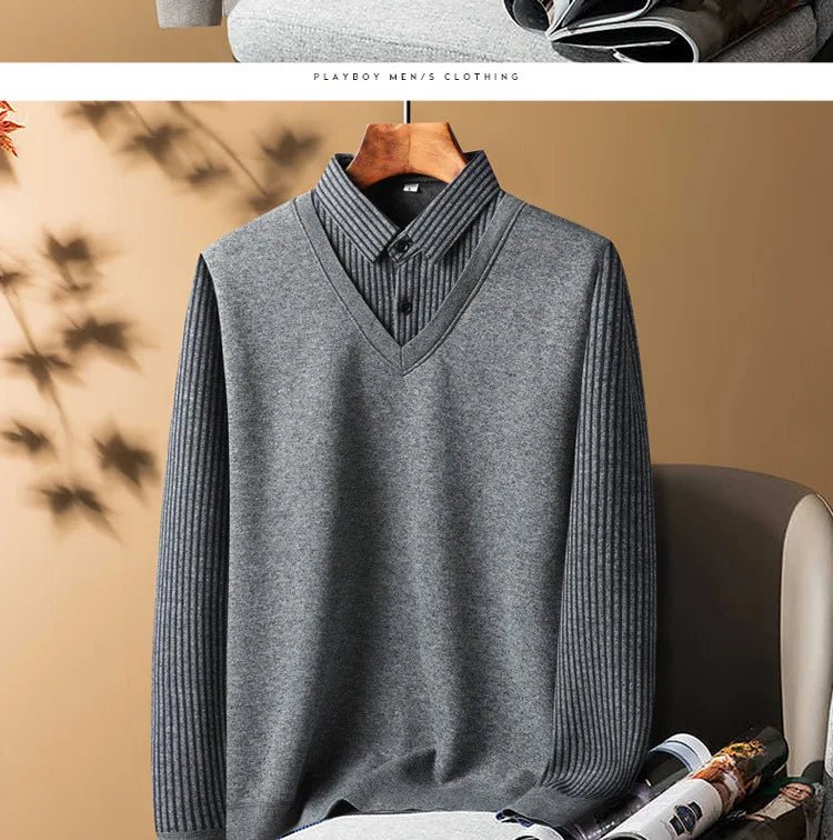 Knitted Sweater Velvet Thickened Men's Fake Two - piece Shirt Collar Sweaters Base Shirt Loose Pullover Winter Thermal Underwear - PratSN