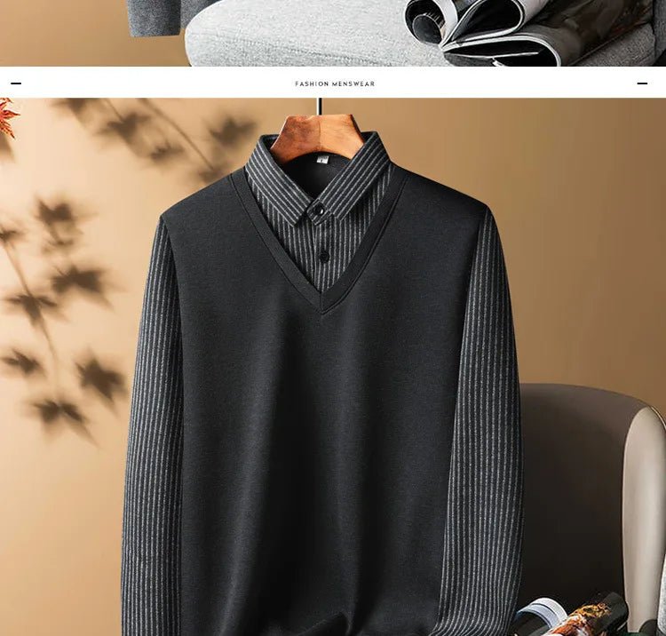 Knitted Sweater Velvet Thickened Men's Fake Two - piece Shirt Collar Sweaters Base Shirt Loose Pullover Winter Thermal Underwear - PratSN
