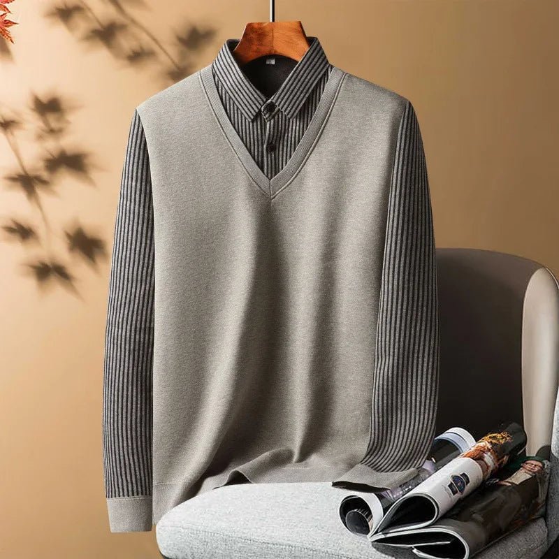 Knitted Sweater Velvet Thickened Men's Fake Two - piece Shirt Collar Sweaters Base Shirt Loose Pullover Winter Thermal Underwear - PratSN