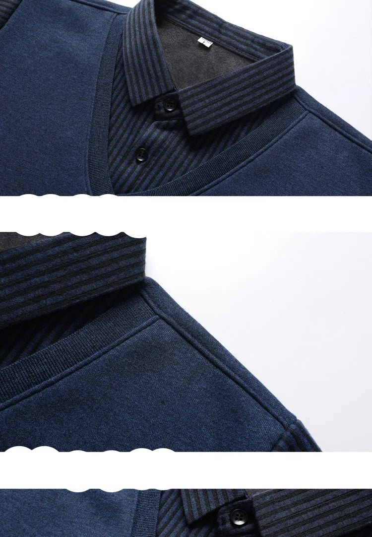 Knitted Sweater Velvet Thickened Men's Fake Two - piece Shirt Collar Sweaters Base Shirt Loose Pullover Winter Thermal Underwear - PratSN