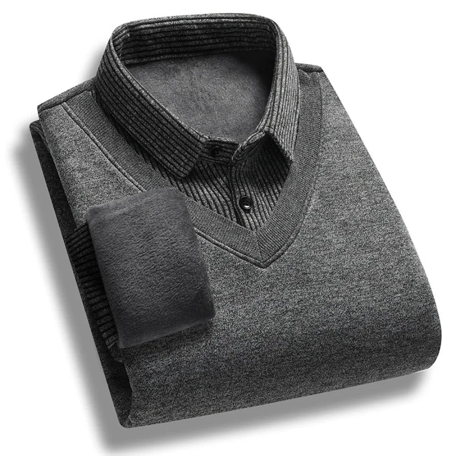 Knitted Sweater Velvet Thickened Men's Fake Two - piece Shirt Collar Sweaters Base Shirt Loose Pullover Winter Thermal Underwear - PratSN