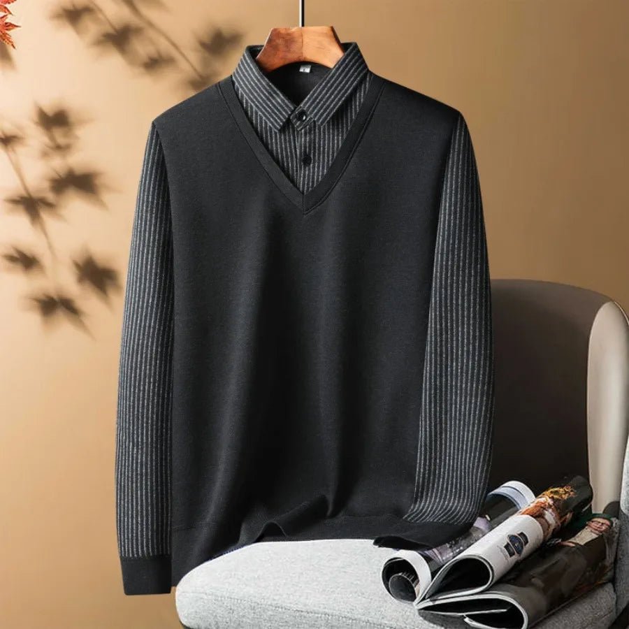 Knitted Sweater Velvet Thickened Men's Fake Two - piece Shirt Collar Sweaters Base Shirt Loose Pullover Winter Thermal Underwear - PratSN