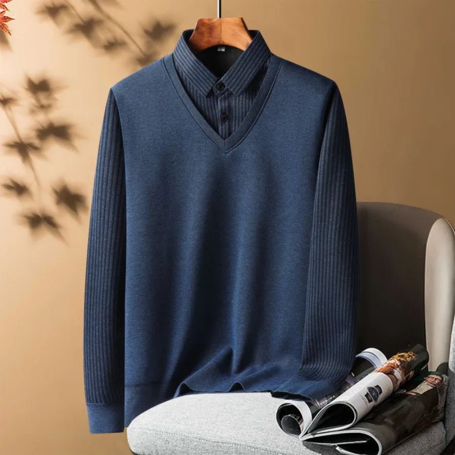 Knitted Sweater Velvet Thickened Men's Fake Two - piece Shirt Collar Sweaters Base Shirt Loose Pullover Winter Thermal Underwear - PratSN