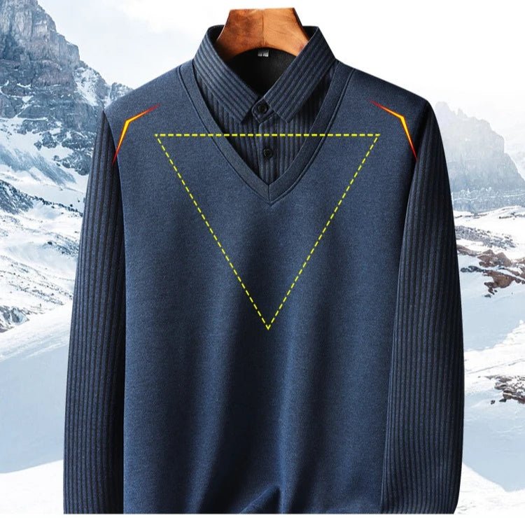Knitted Sweater Velvet Thickened Men's Fake Two - piece Shirt Collar Sweaters Base Shirt Loose Pullover Winter Thermal Underwear - PratSN