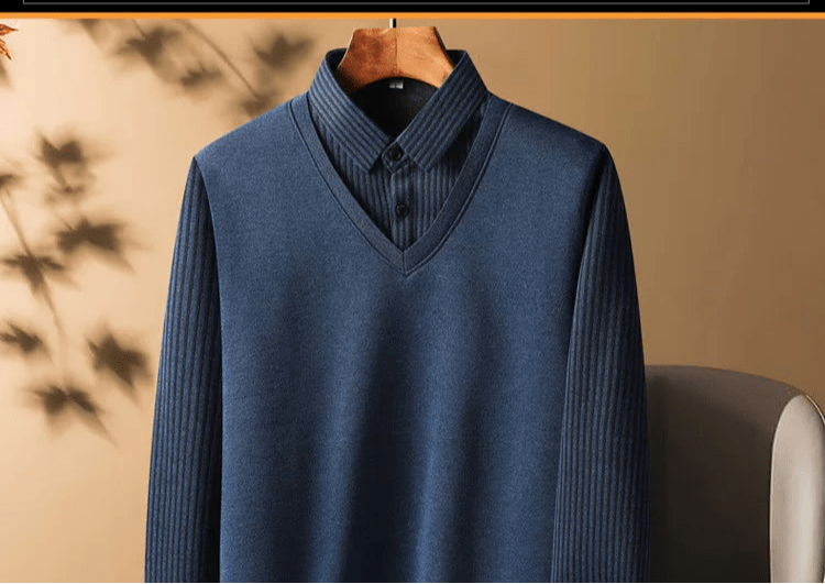 Knitted Sweater Velvet Thickened Men's Fake Two - piece Shirt Collar Sweaters Base Shirt Loose Pullover Winter Thermal Underwear - PratSN
