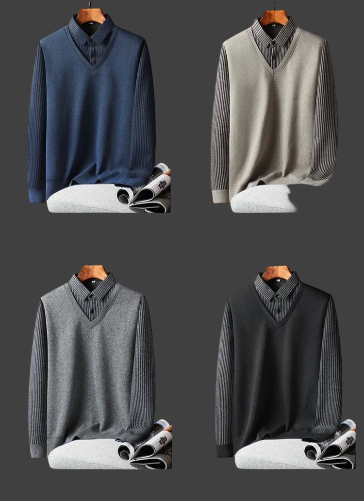 Knitted Sweater Velvet Thickened Men's Fake Two - piece Shirt Collar Sweaters Base Shirt Loose Pullover Winter Thermal Underwear - PratSN