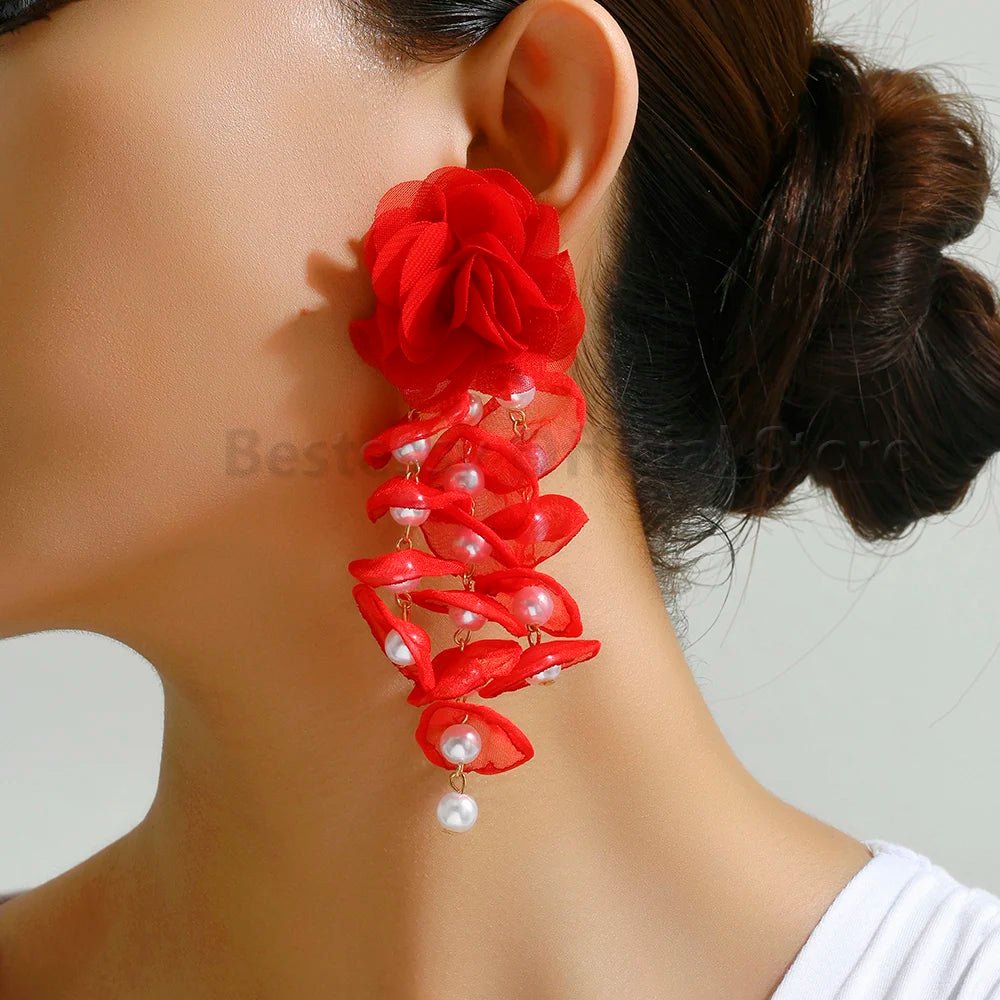 Korean Fashion Imitation Pearl Tassel Drop Earrings For Women Original Design Luxury Elegant Flower Pendant Girl Wedding Jewelry - PratSN