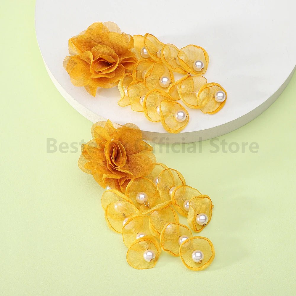 Korean Fashion Imitation Pearl Tassel Drop Earrings For Women Original Design Luxury Elegant Flower Pendant Girl Wedding Jewelry - PratSN