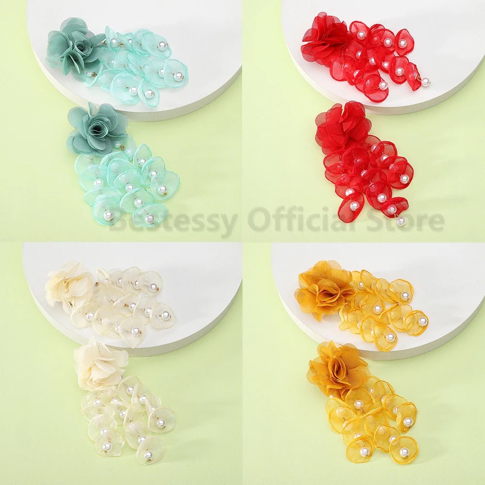 Korean Fashion Imitation Pearl Tassel Drop Earrings For Women Original Design Luxury Elegant Flower Pendant Girl Wedding Jewelry - PratSN