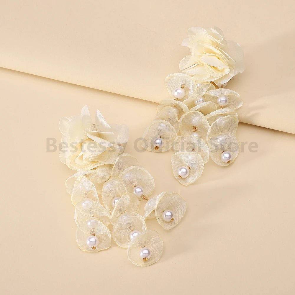 Korean Fashion Imitation Pearl Tassel Drop Earrings For Women Original Design Luxury Elegant Flower Pendant Girl Wedding Jewelry - PratSN