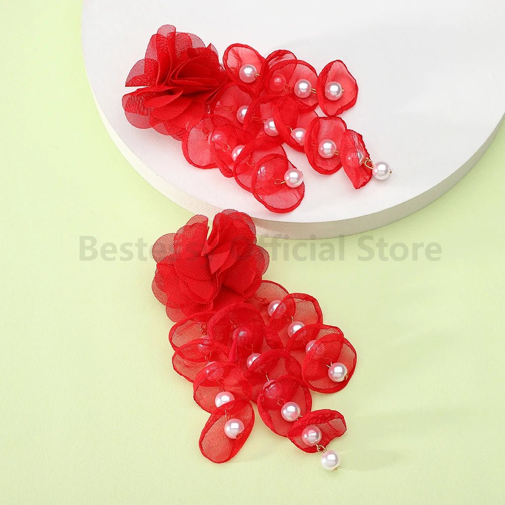 Korean Fashion Imitation Pearl Tassel Drop Earrings For Women Original Design Luxury Elegant Flower Pendant Girl Wedding Jewelry - PratSN