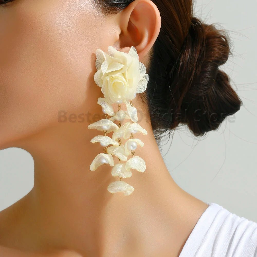 Korean Fashion Imitation Pearl Tassel Drop Earrings For Women Original Design Luxury Elegant Flower Pendant Girl Wedding Jewelry - PratSN