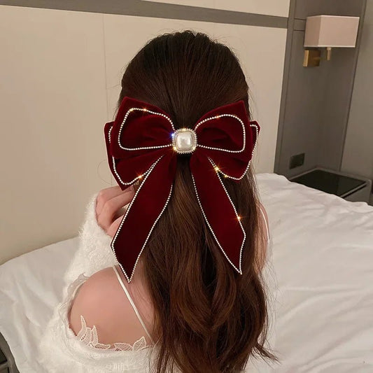Korean Velvet Bow Hair Pins Fabric Rhinestone Pearl Hair Clips for Women Luxulry Jewelry Spring Clip Gils Hair Accessories - PratSN