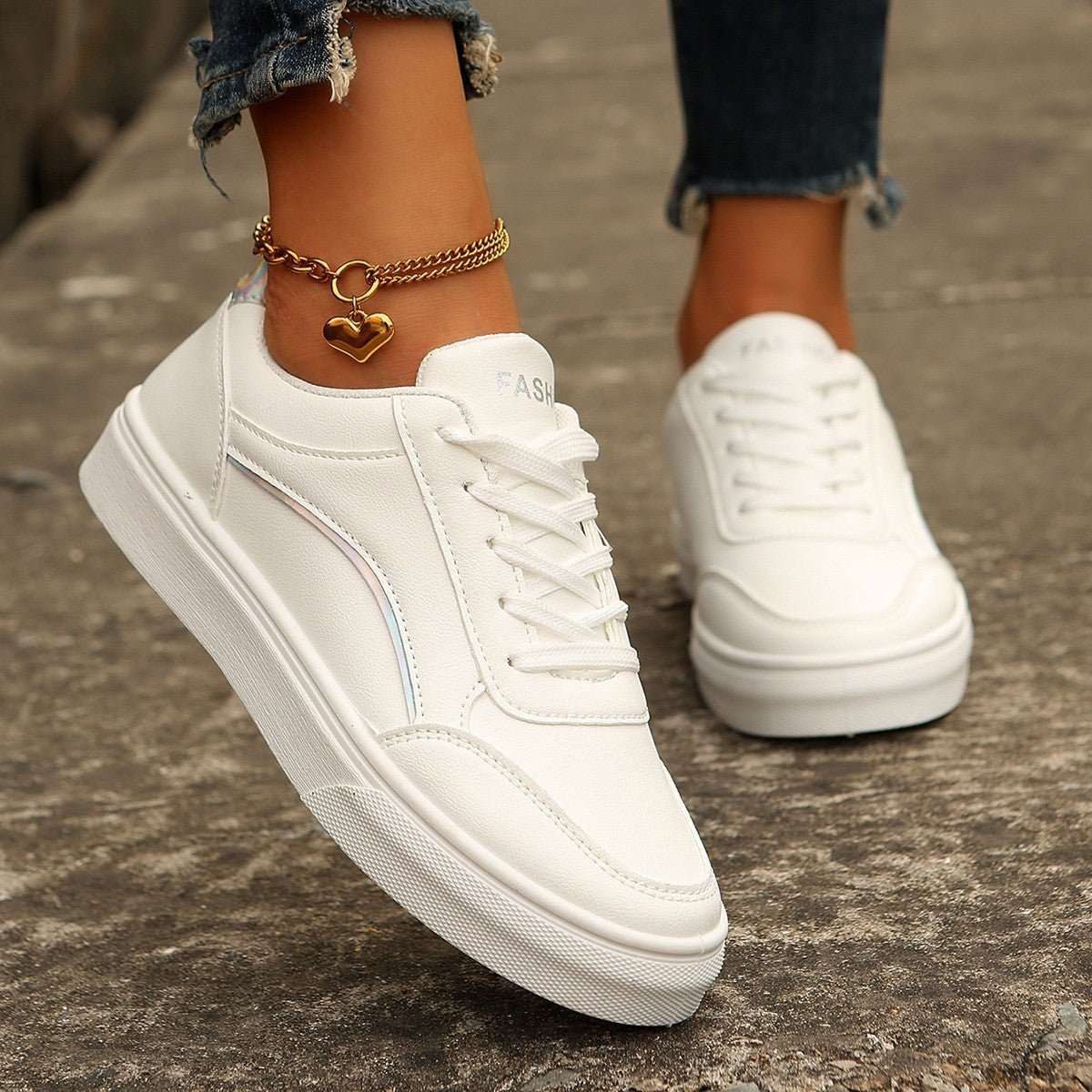 Lace - up White Flats Shoes Fashion Round Toe Slip - on Thick Sole Casual Shoes For Women - PratSN
