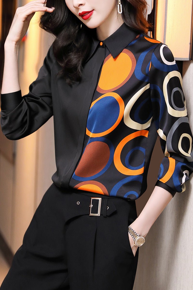Ladies Black Printed Long - sleeved Satin Shirt - PratSN