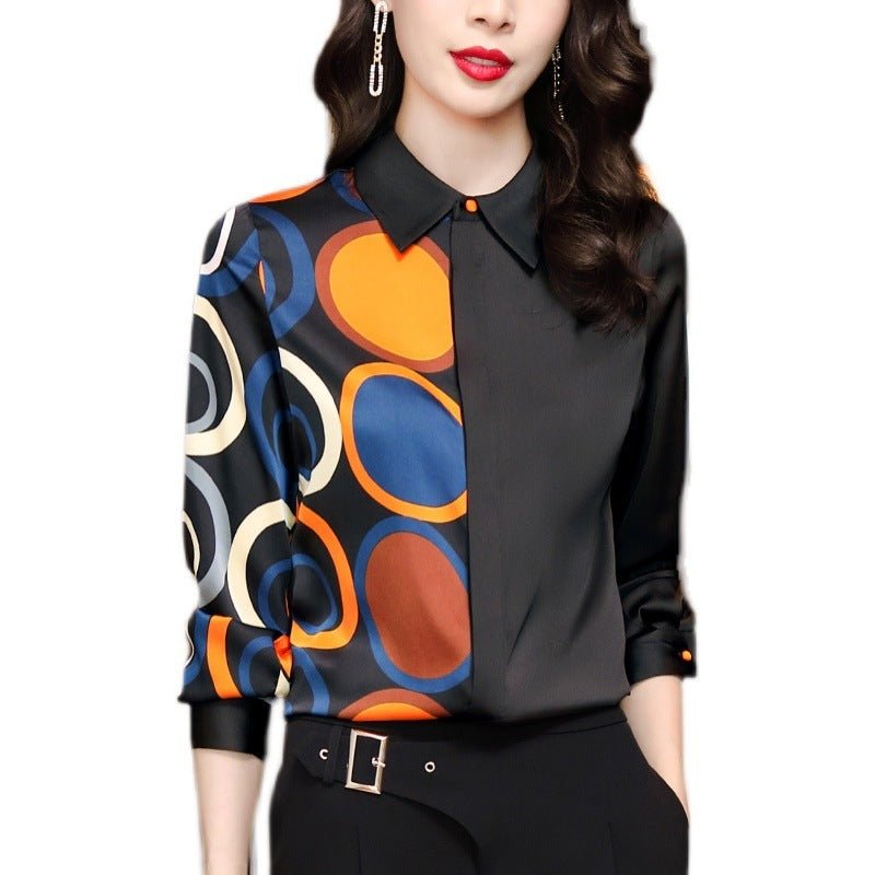 Ladies Black Printed Long - sleeved Satin Shirt - PratSN