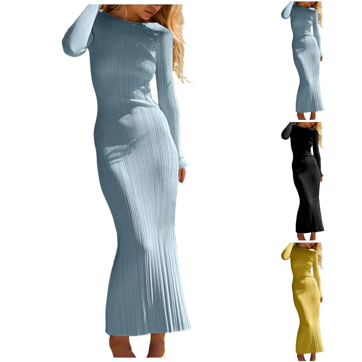 Ladies Fashionable Casual Dress French Retro Temperament Patchwork Knitted Round Neck Long Sleeved Slim Fit Autumn Winter Dress - PratSN