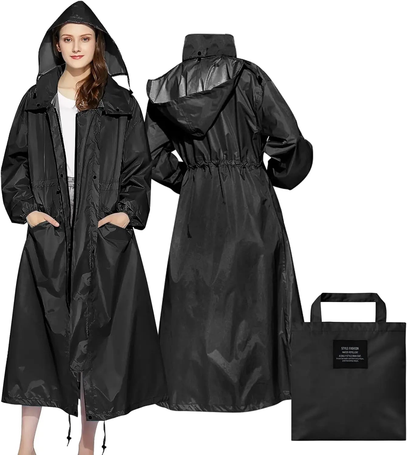 Ladies Long Raincoats Rain Jacket Waterproof Packable Hooded Windbreaker Lightweight Adjustable Waist Outdoor Protection Storm - PratSN