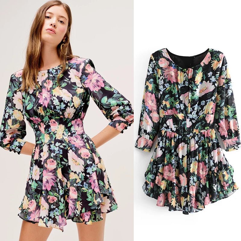Ladies retro floral print ruffled mini dress - PratSN