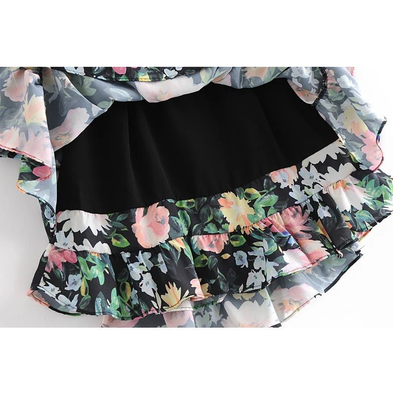 Ladies retro floral print ruffled mini dress - PratSN