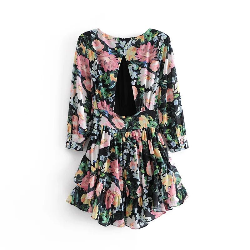 Ladies retro floral print ruffled mini dress - PratSN