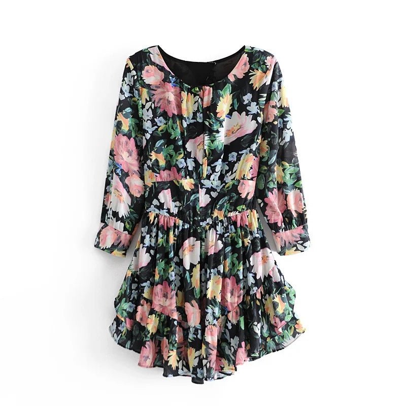 Ladies retro floral print ruffled mini dress - PratSN
