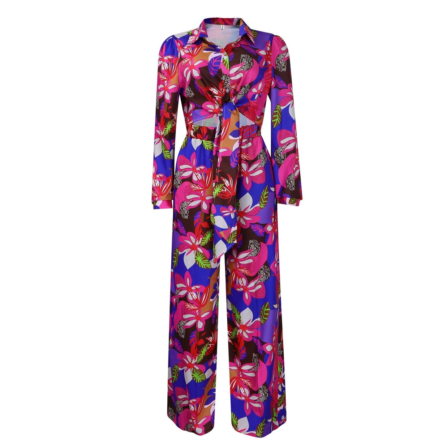 Lapel Lace - up Shirt Wide - leg Pants Suit - PratSN