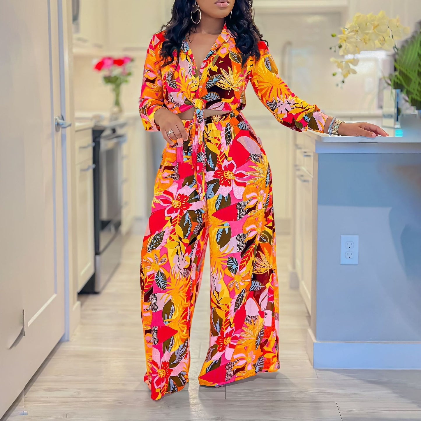 Lapel Lace - up Shirt Wide - leg Pants Suit - PratSN