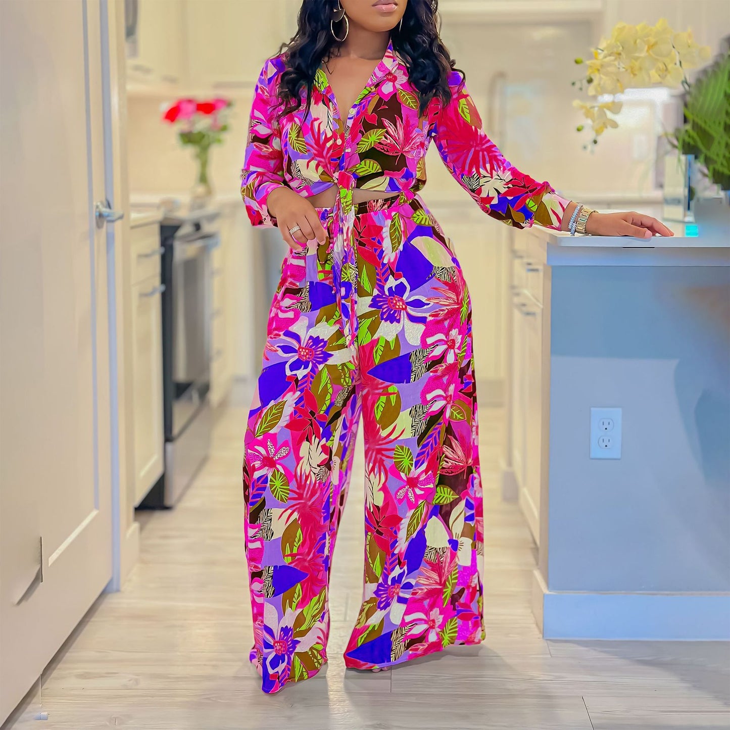 Lapel Lace - up Shirt Wide - leg Pants Suit - PratSN