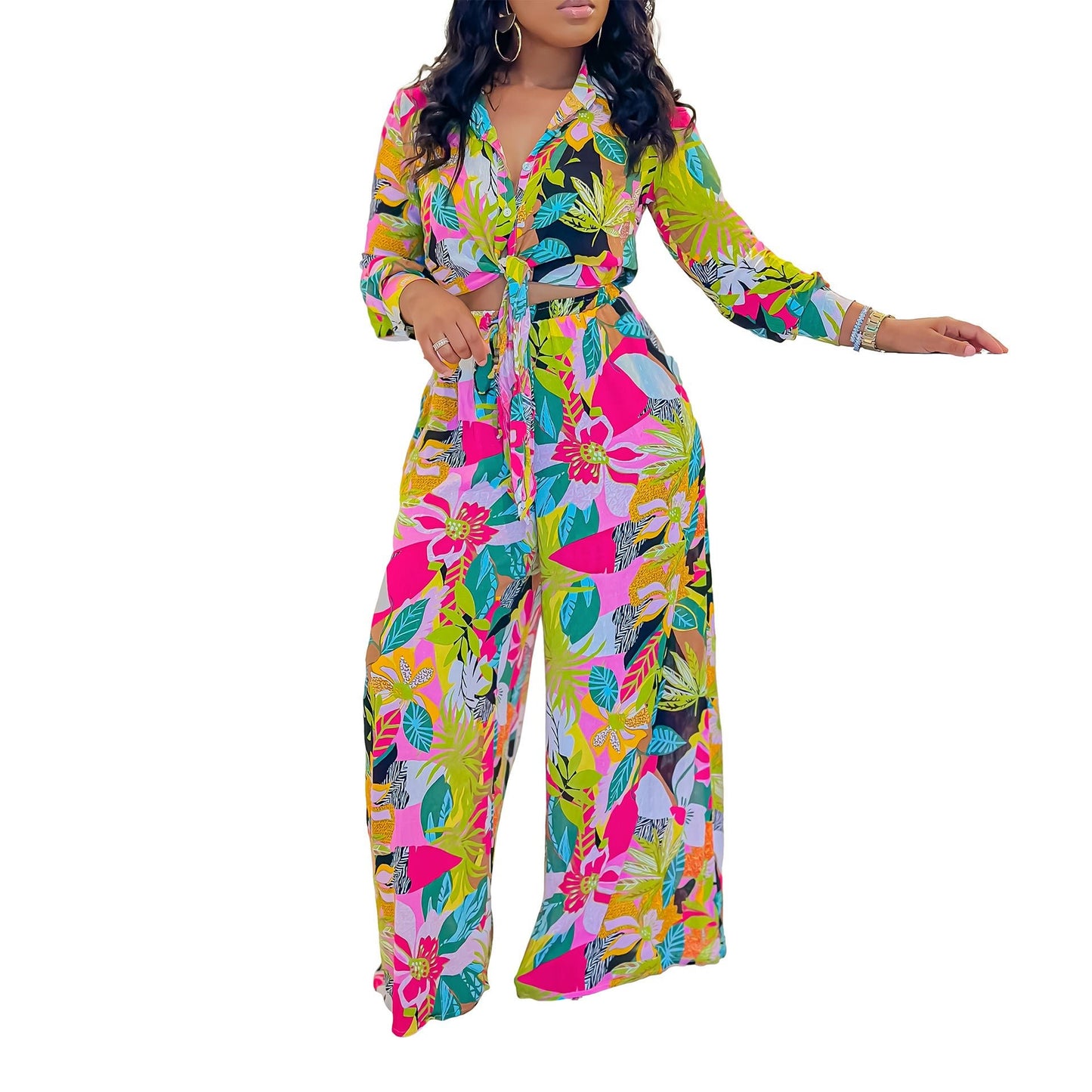 Lapel Lace - up Shirt Wide - leg Pants Suit - PratSN