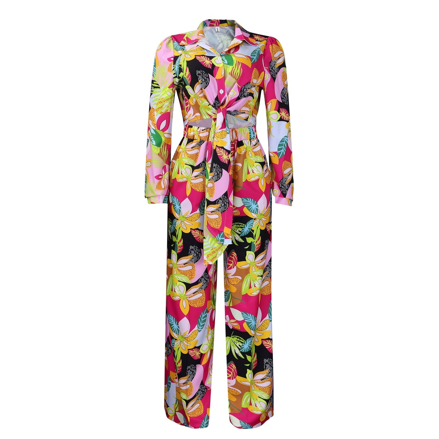 Lapel Lace - up Shirt Wide - leg Pants Suit - PratSN