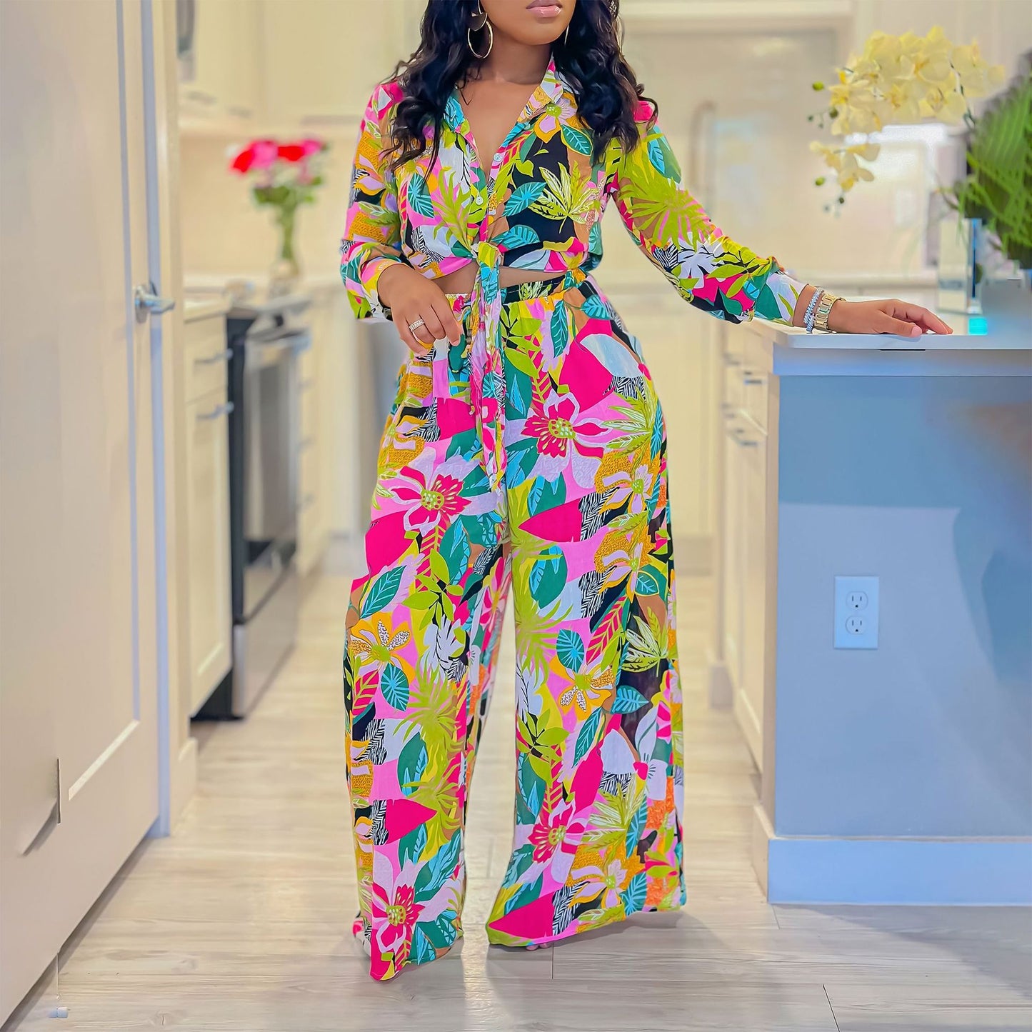 Lapel Lace - up Shirt Wide - leg Pants Suit - PratSN