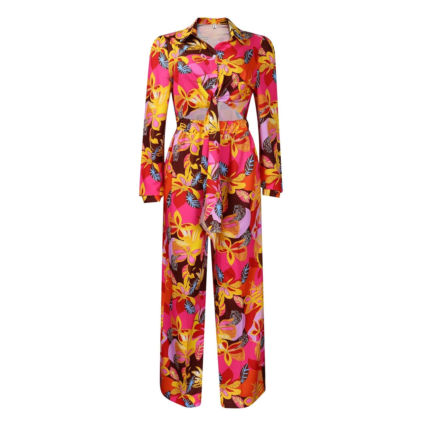 Lapel Lace - up Shirt Wide - leg Pants Suit - PratSN
