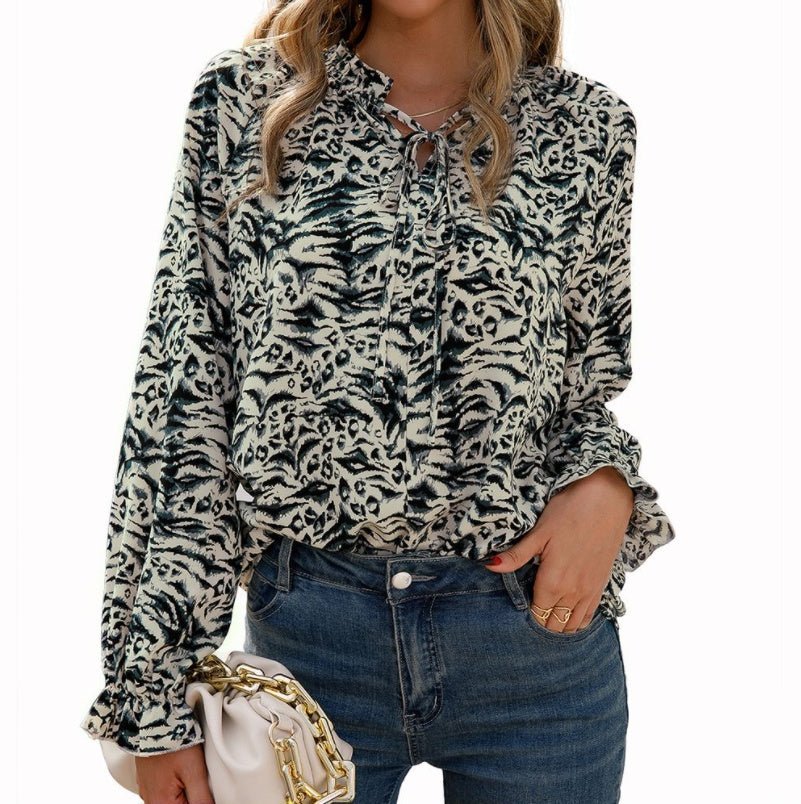 Leopard Print Long - sleeved V - neck Shirt - PratSN