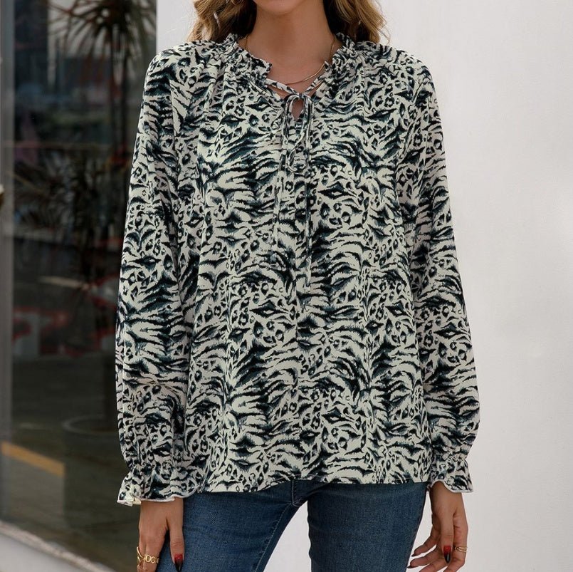 Leopard Print Long - sleeved V - neck Shirt - PratSN