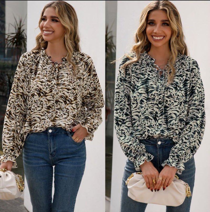 Leopard Print Long - sleeved V - neck Shirt - PratSN