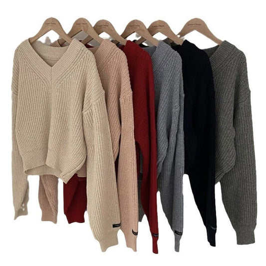 Letter Patch Loose Leisure All - matching Long Sleeve Knitted Pullover Sweater - PratSN