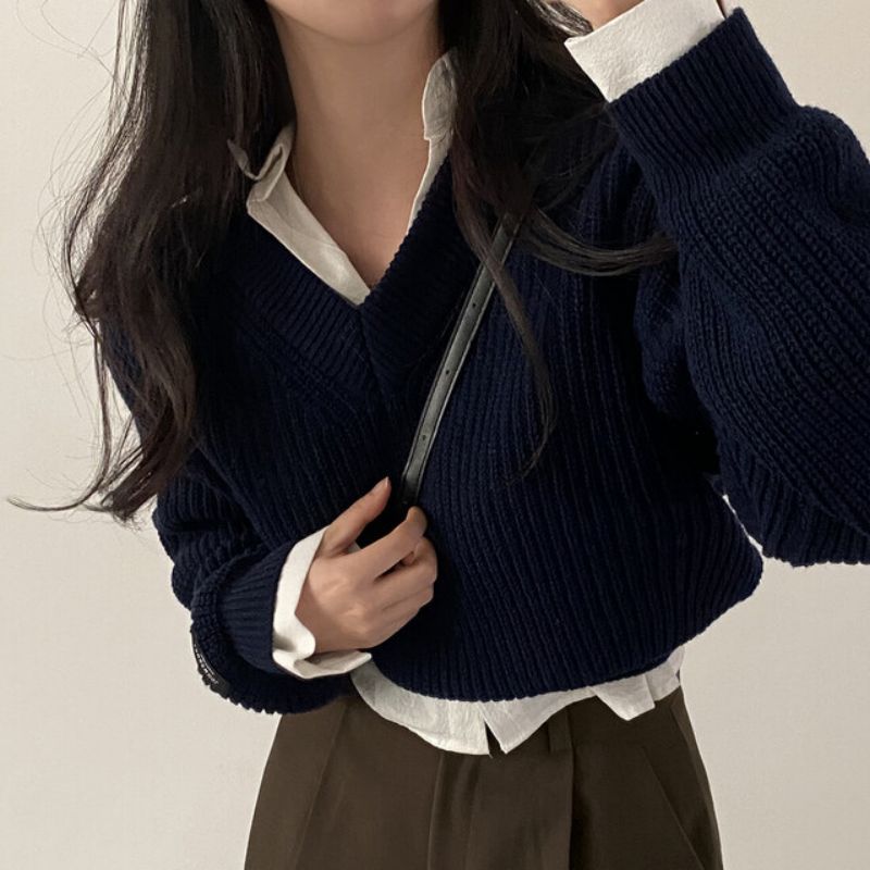 Letter Patch Loose Leisure All - matching Long Sleeve Knitted Pullover Sweater - PratSN