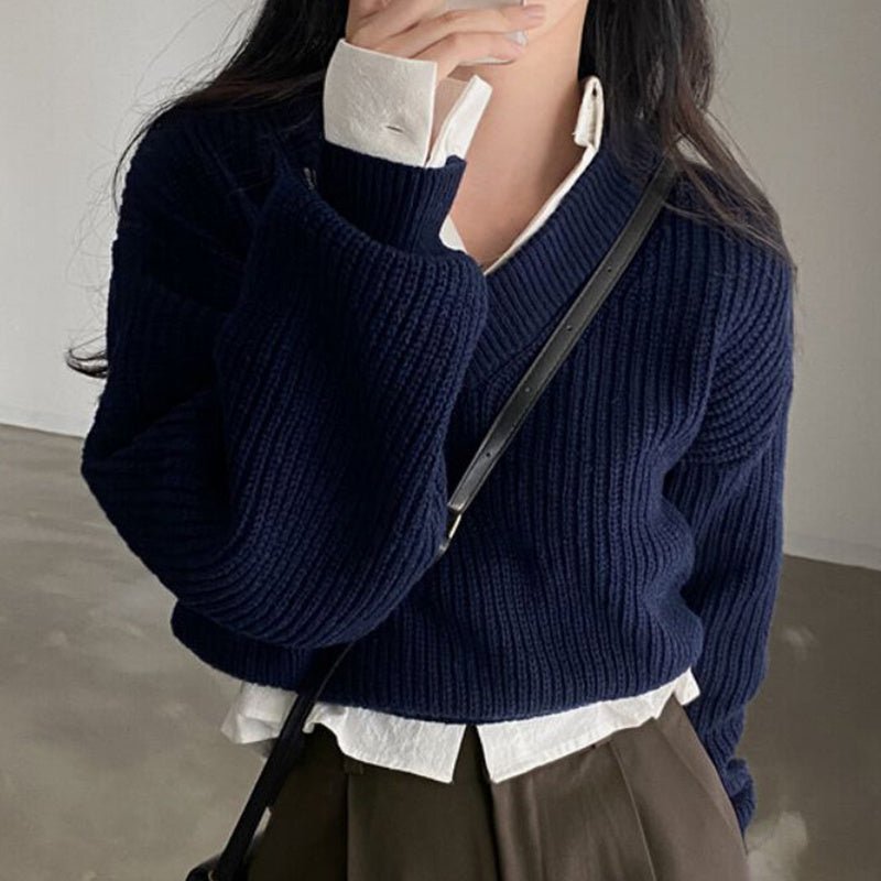 Letter Patch Loose Leisure All - matching Long Sleeve Knitted Pullover Sweater - PratSN