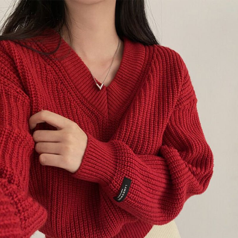Letter Patch Loose Leisure All - matching Long Sleeve Knitted Pullover Sweater - PratSN