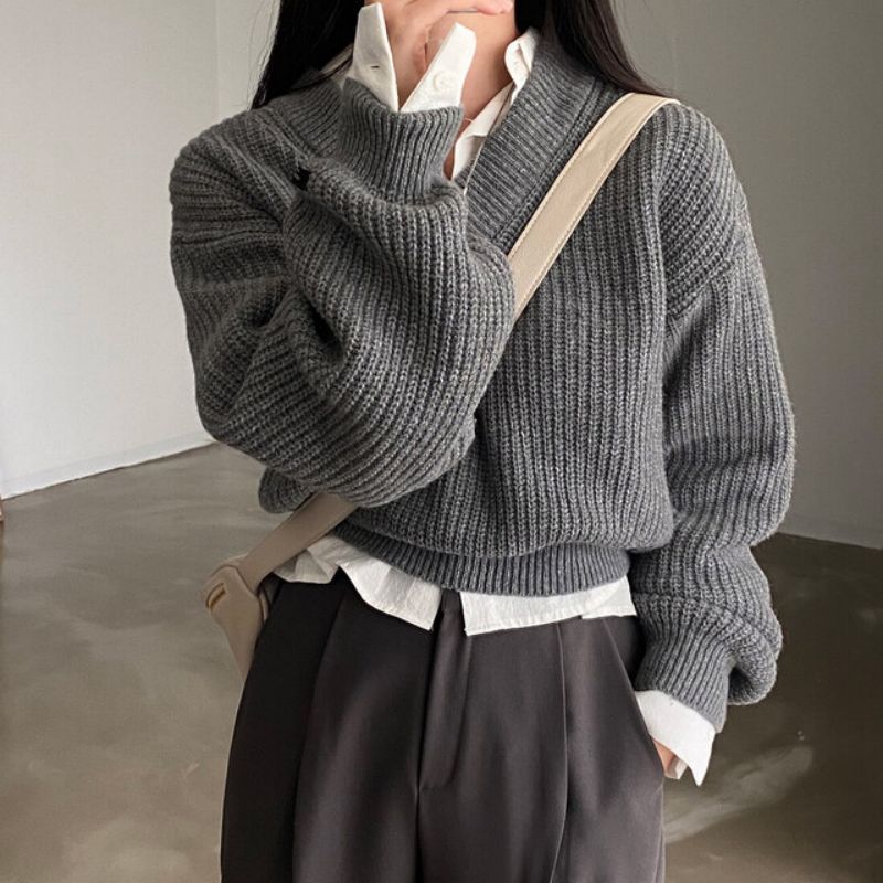 Letter Patch Loose Leisure All - matching Long Sleeve Knitted Pullover Sweater - PratSN
