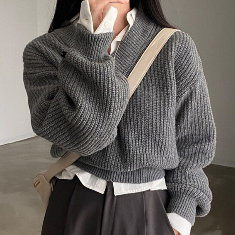 Letter Patch Loose Leisure All - matching Long Sleeve Knitted Pullover Sweater - PratSN
