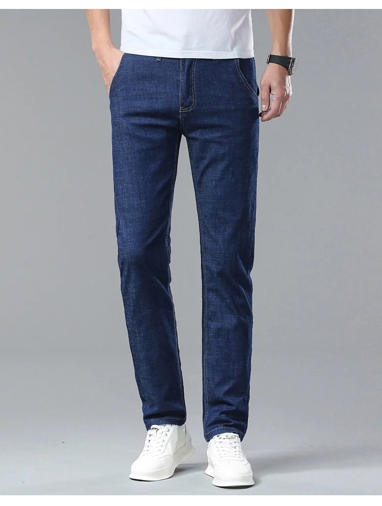 Light Blue Classic Business Casual Cotton Pants Fashion Breathable Denim Elastic Trousers Brand Men's Clothing Straight Jeans - PratSN