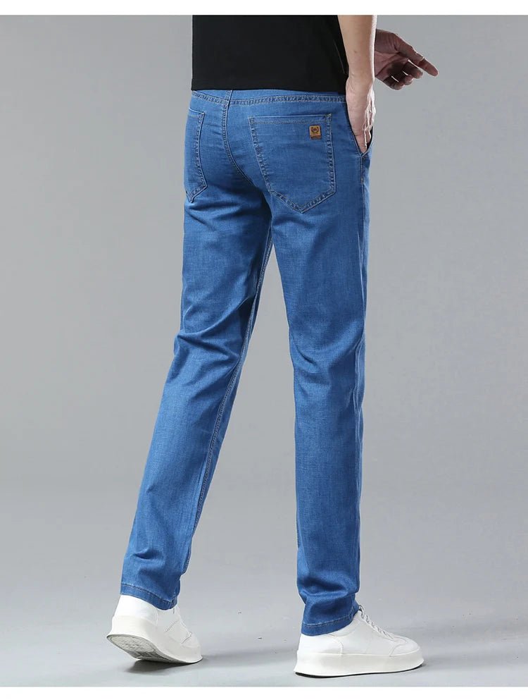 Light Blue Classic Business Casual Cotton Pants Fashion Breathable Denim Elastic Trousers Brand Men's Clothing Straight Jeans - PratSN