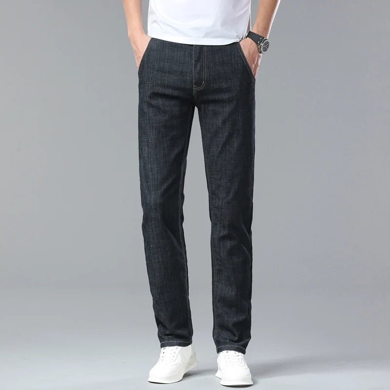 Light Blue Classic Business Casual Cotton Pants Fashion Breathable Denim Elastic Trousers Brand Men's Clothing Straight Jeans - PratSN