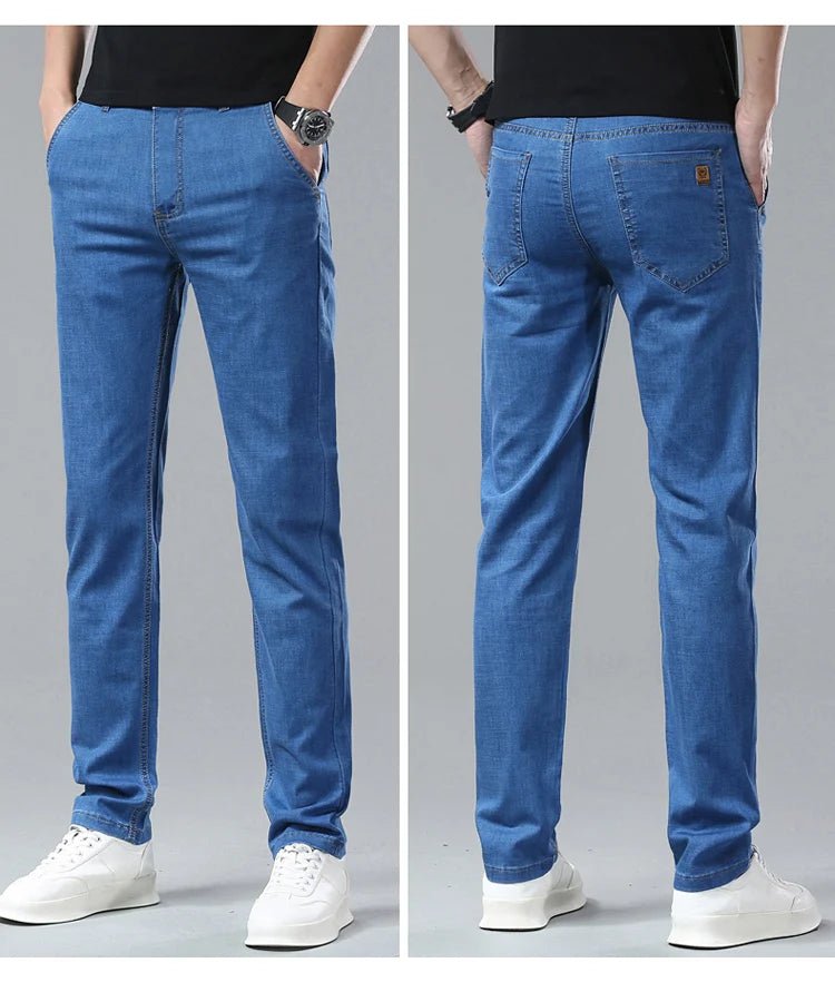 Light Blue Classic Business Casual Cotton Pants Fashion Breathable Denim Elastic Trousers Brand Men's Clothing Straight Jeans - PratSN