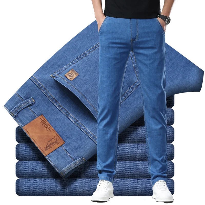 Light Blue Classic Business Casual Cotton Pants Fashion Breathable Denim Elastic Trousers Brand Men's Clothing Straight Jeans - PratSN