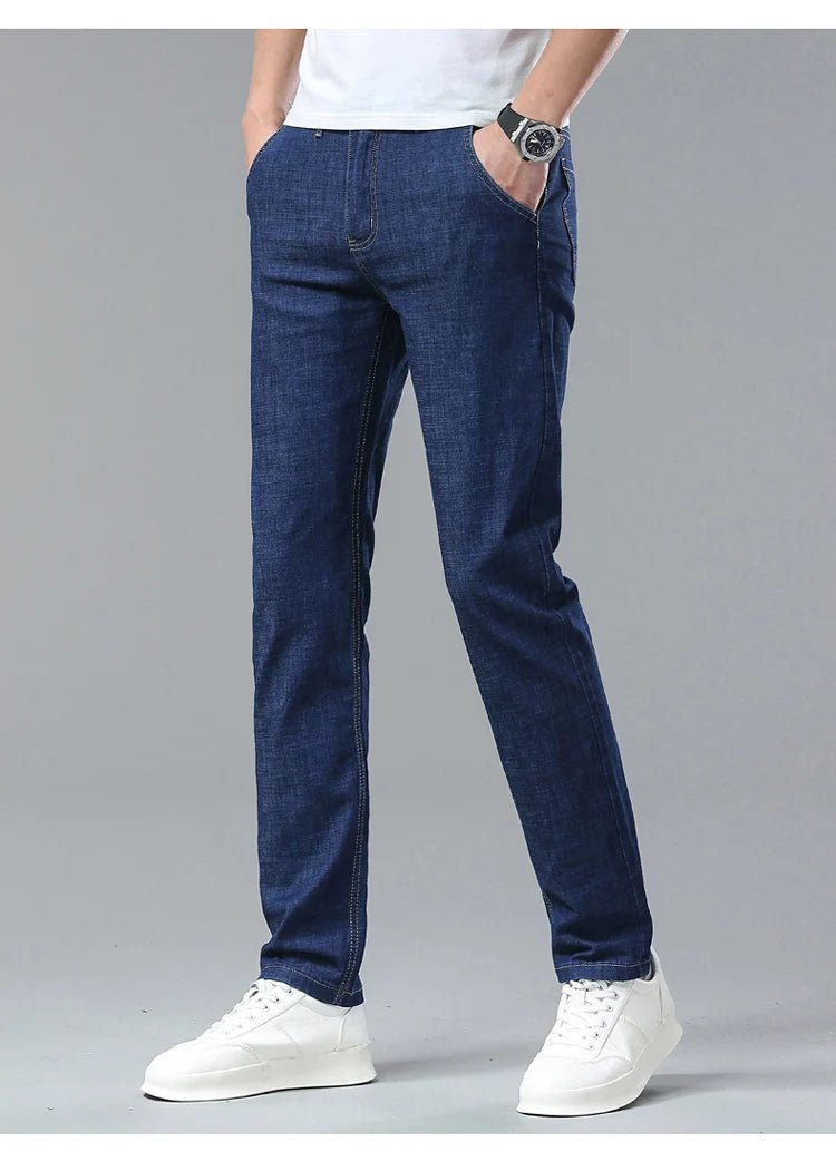 Light Blue Classic Business Casual Cotton Pants Fashion Breathable Denim Elastic Trousers Brand Men's Clothing Straight Jeans - PratSN