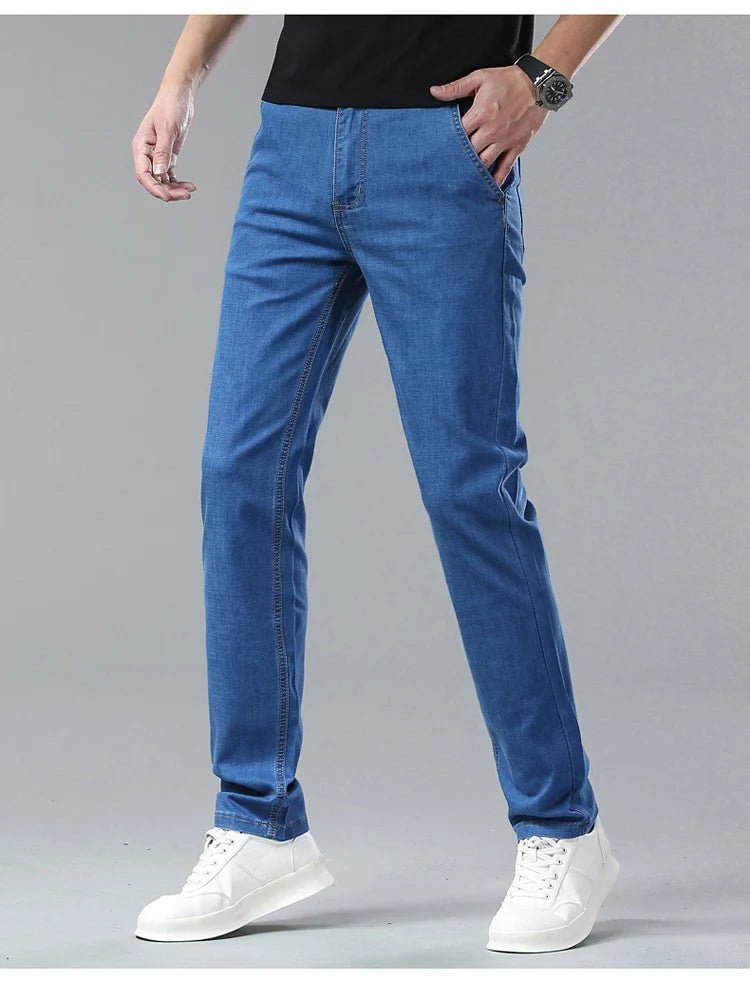 Light Blue Classic Business Casual Cotton Pants Fashion Breathable Denim Elastic Trousers Brand Men's Clothing Straight Jeans - PratSN