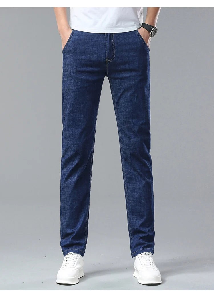 Light Blue Classic Business Casual Cotton Pants Fashion Breathable Denim Elastic Trousers Brand Men's Clothing Straight Jeans - PratSN
